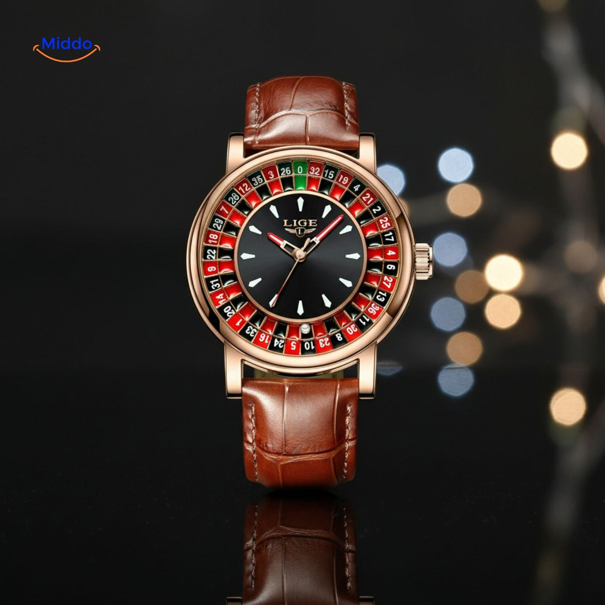 Roulettix Uhr mit roségoldenem Gehäuse und Lederarmband - www.middo.de