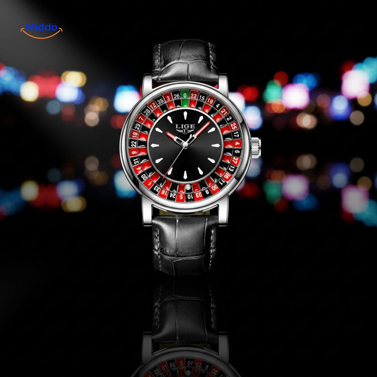 Roulettix Uhr mit silbernem Zifferblatt und Lederarmband - www.middo.de