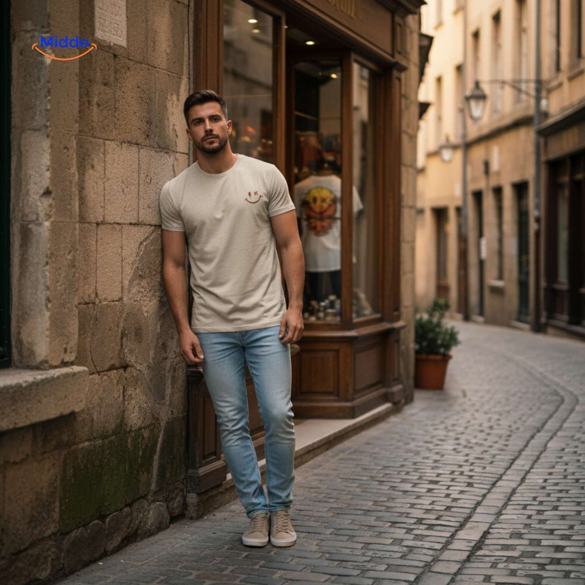 Smileywave T-Shirt für Männer – Lässig an die Wand gelehnt im Streetstyle. Besuche uns auf www.middo.de