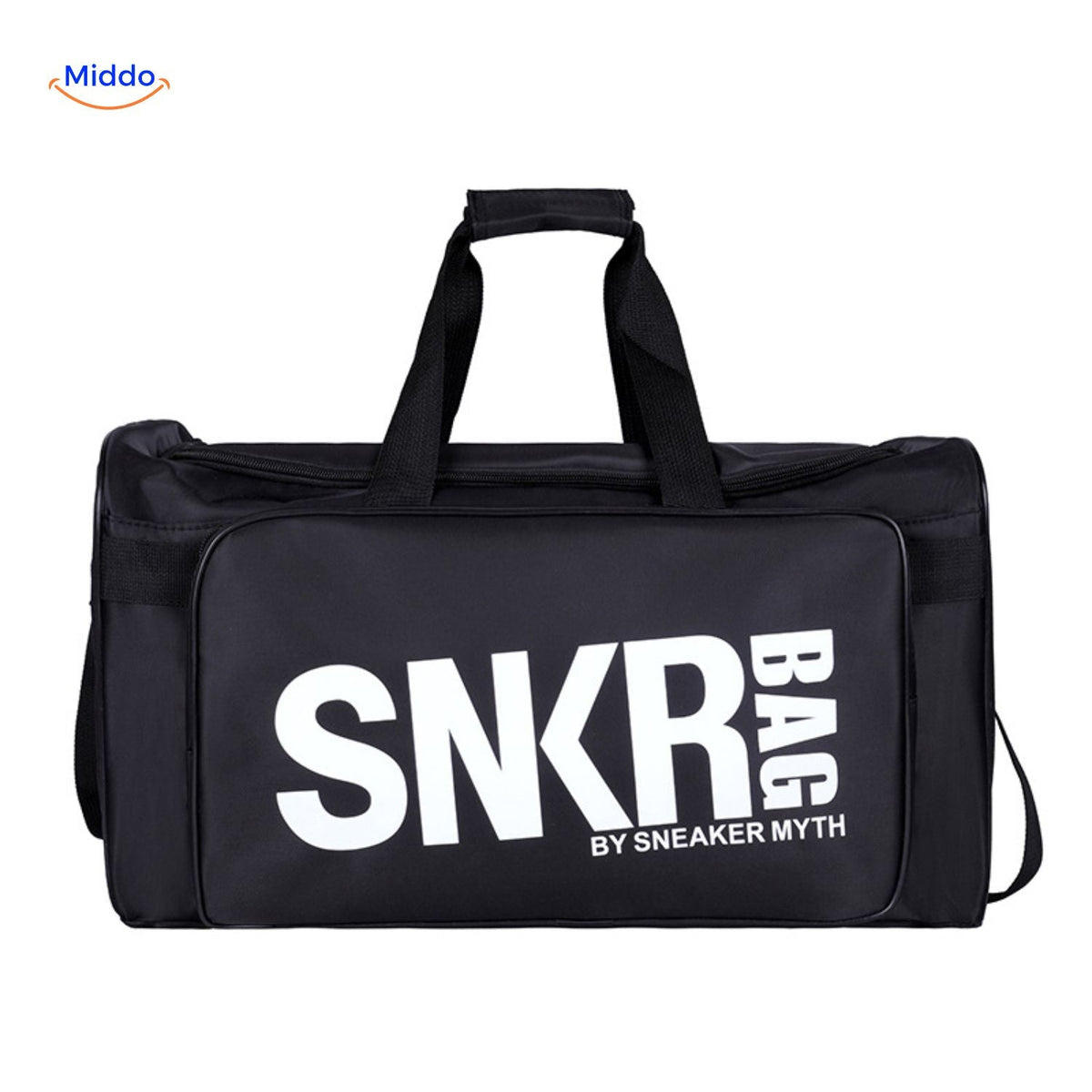 SNKRPro Tasche schwarz mit weißem Text in der Hand www.middo.de