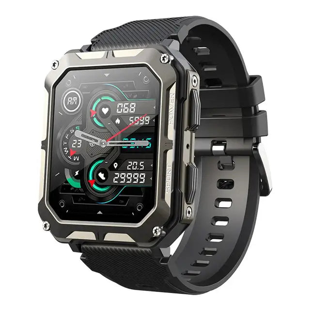 Schwarze unverwüstliche Smartwatch mit robustem Design und funktionalen Eigenschaften
