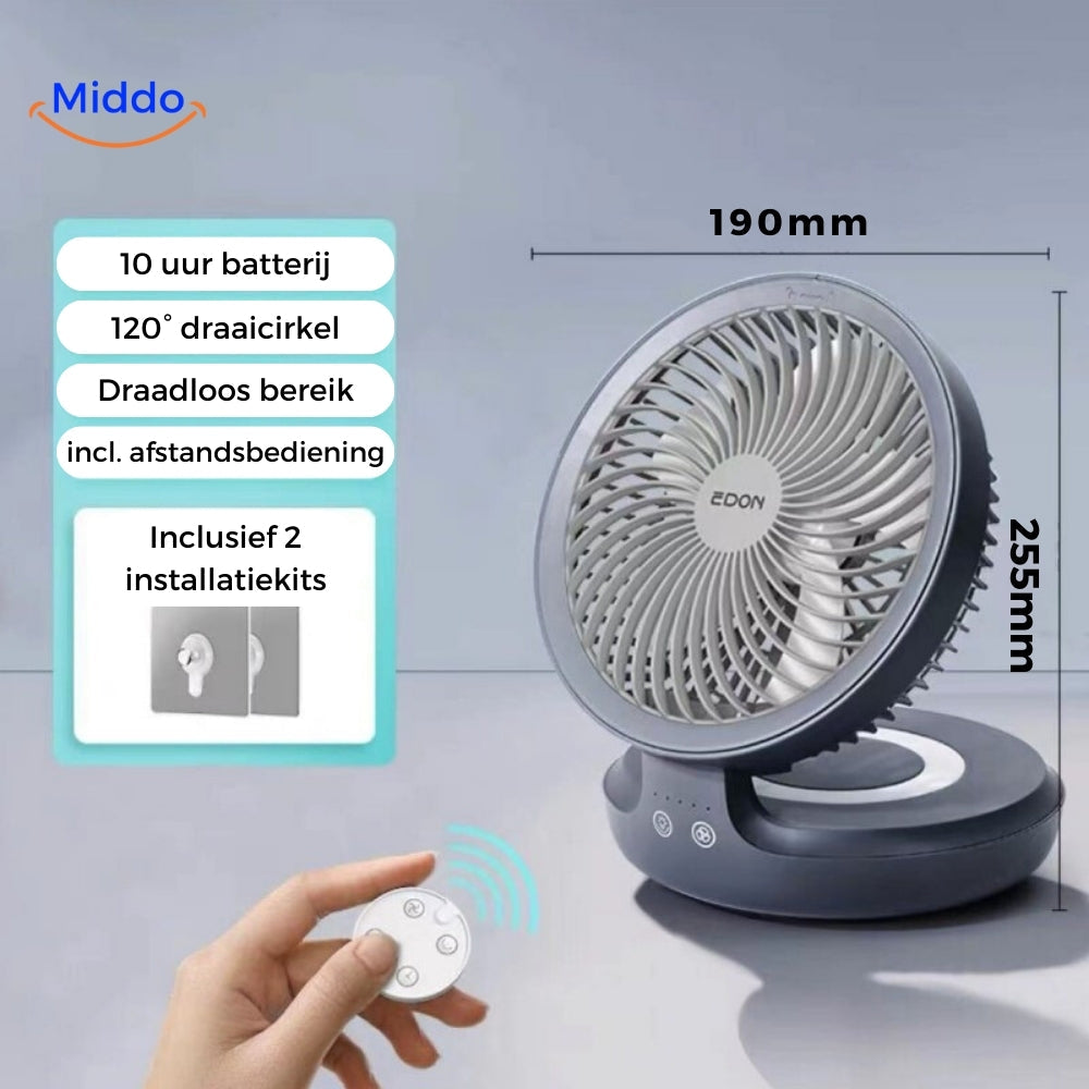 Grauer Ventilator mit Fernbedienung und technischen Spezifikationen