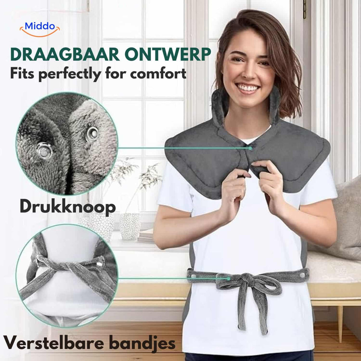 Thermo Relax Heizkissen – tragbares Design mit verstellbaren Trageriemen. Besuchen Sie www.middo.de