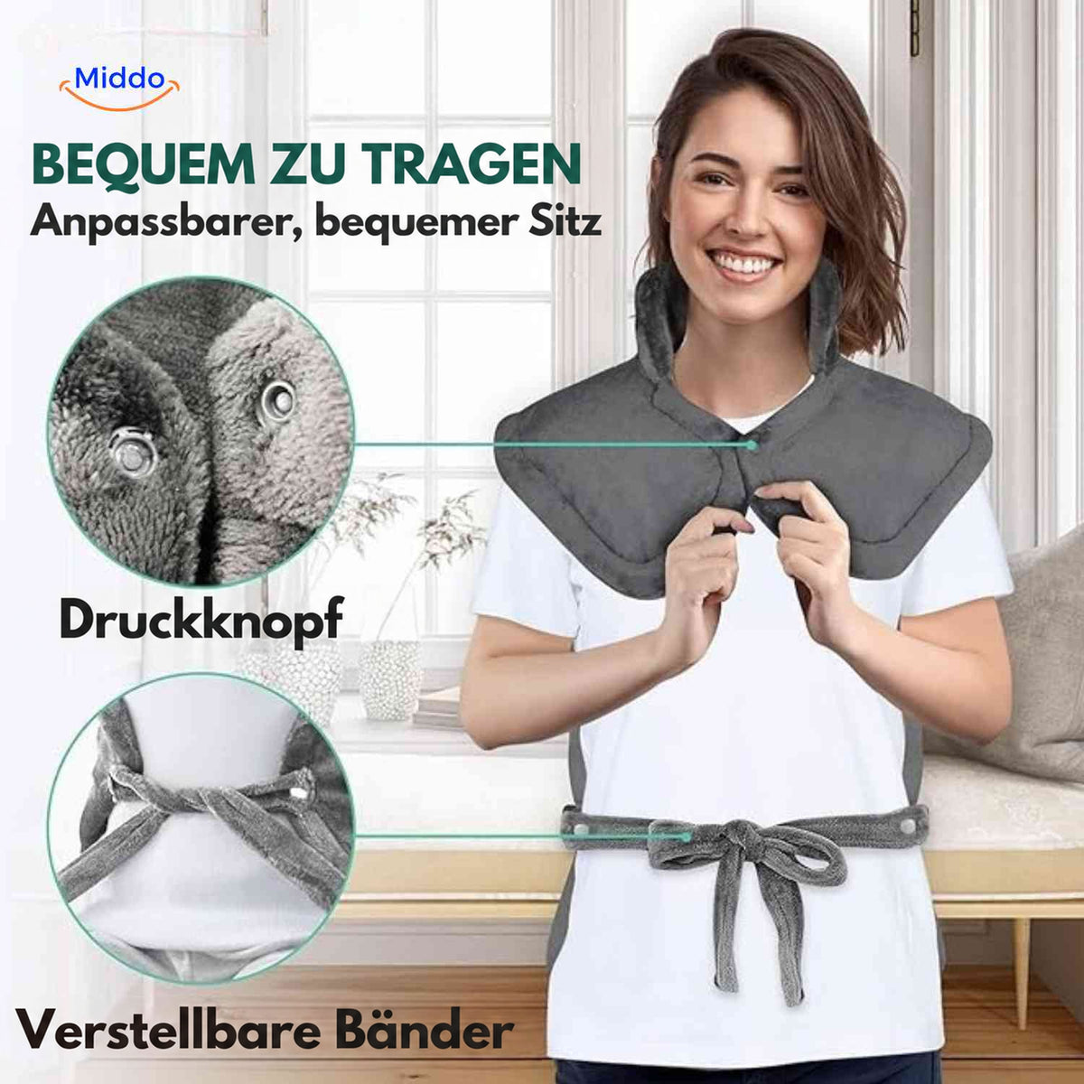 Druckknopf und verstellbare Bänder des Thermowrap Wärmeschals.