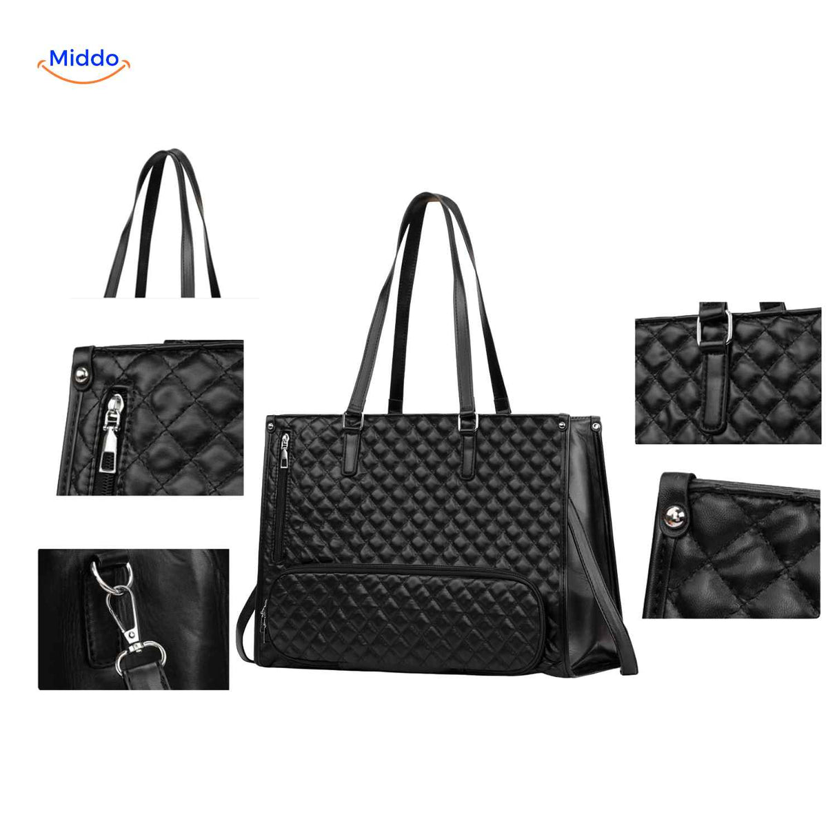 Totezia Tasche schwarz Detailansicht gesteppte Tote mit Accessoires