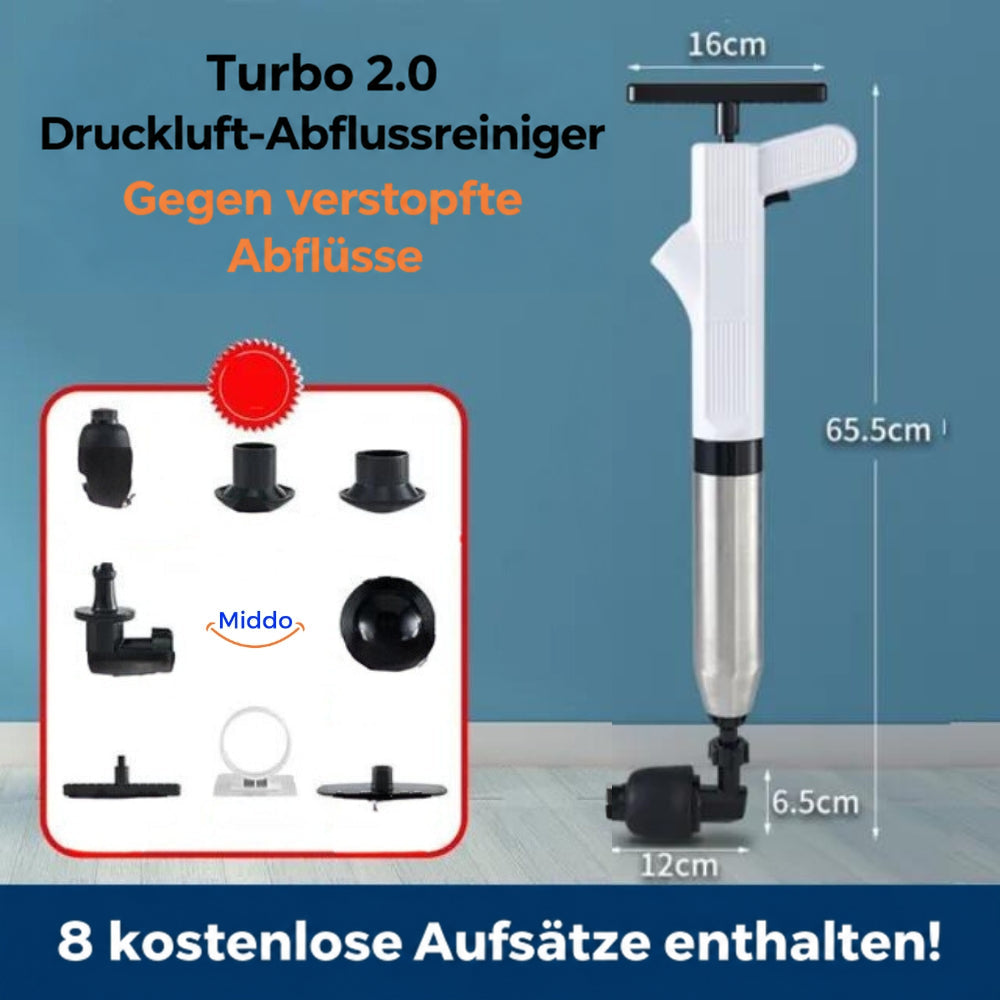 Weißer Turbo 2.0 mit Maßen und acht Aufsätzen