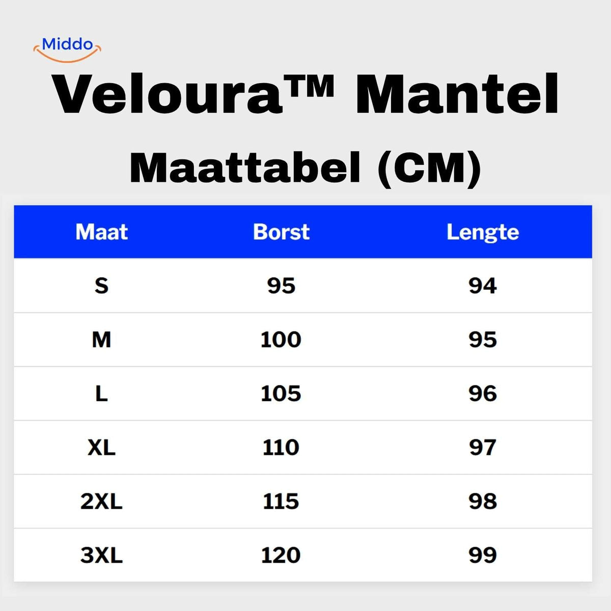 Velourmantel - Größentabelle für Brust und Länge in cm Besuchen Sie uns auf www.middo.de, um die perfekte Passform zu finden!