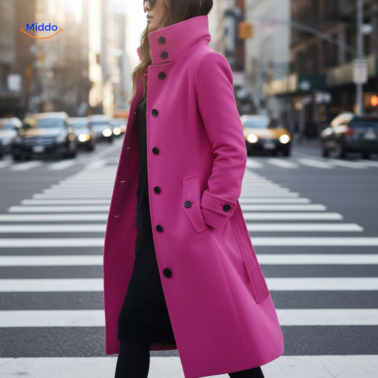 Eleganter, langer rosa Veloursmantel für die Straße