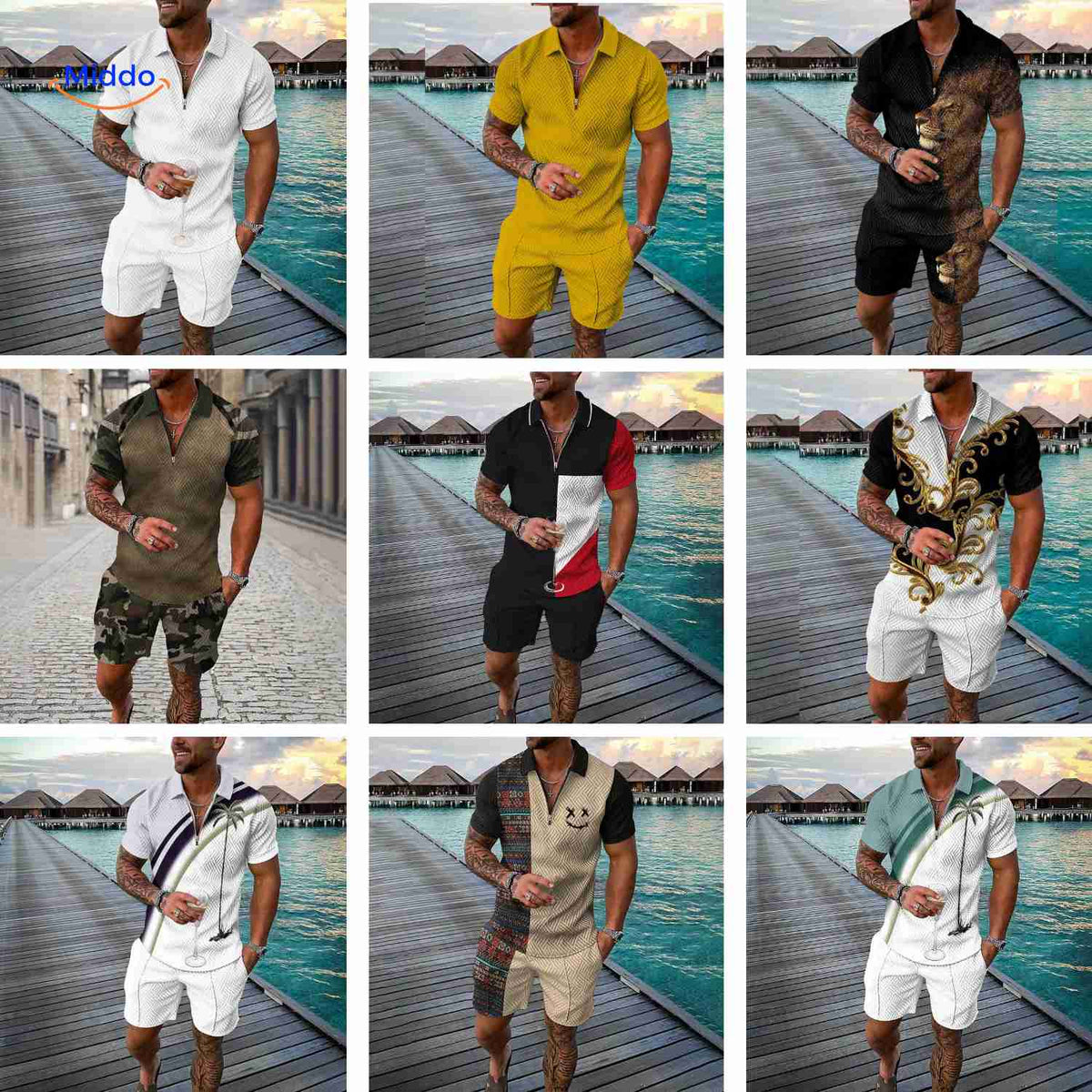 zippora set mix aus 9 beliebten Sommer-Herrensets mit Reißverschluss und Mustervariationen