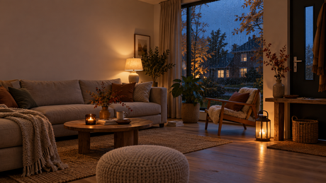 Wohnzimmer mit warmer Lampe und Laterne an einem regnerischen Herbstabend