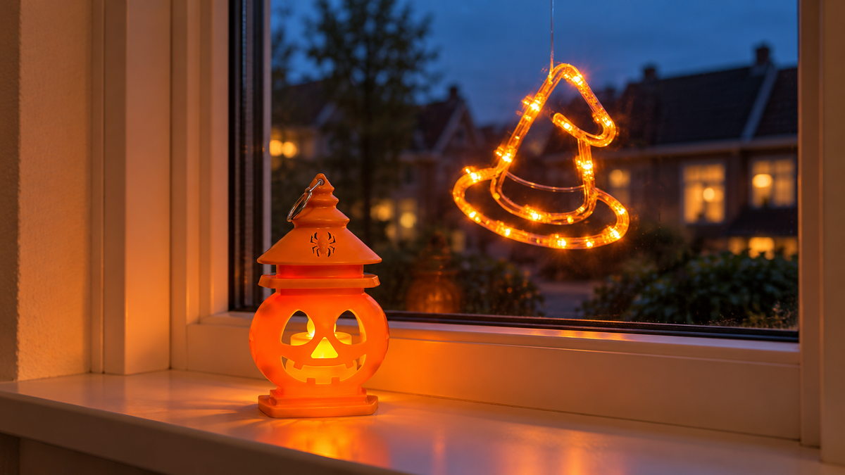 PumpkinGlow-Laterne auf einer Fensterbank mit leuchtendem PumpkoGlow-Hexenhut am Fenster