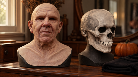 Hautfarbene kahle Gerontix-Altmännermaske und graue Skull Mask auf einem Schminktisch