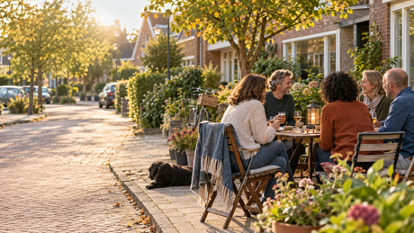 Nachbarn sitzen im Herbst an einem Tisch in einer von Bäumen gesäumten Straße