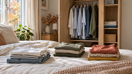 Sortierte schlichte Kleidungsstücke auf einem Bett vor einem offenen Kleiderschrank