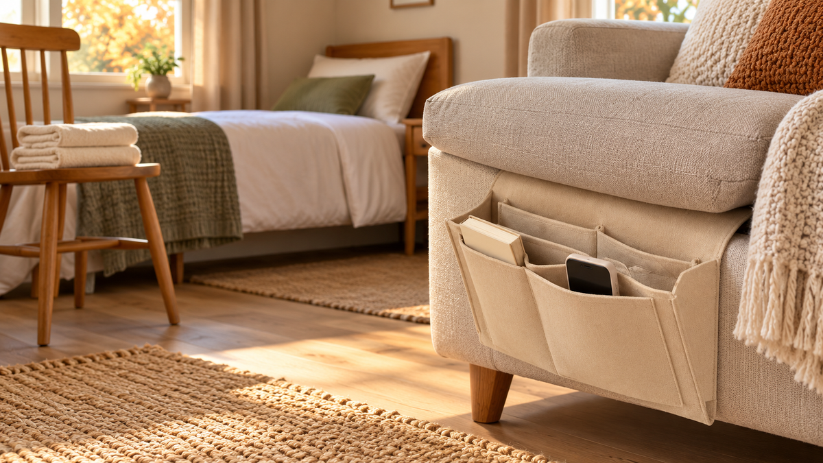 Vorbereiteter Schlafplatz mit Handtüchern und beigem BedCaddy an einem Sofa