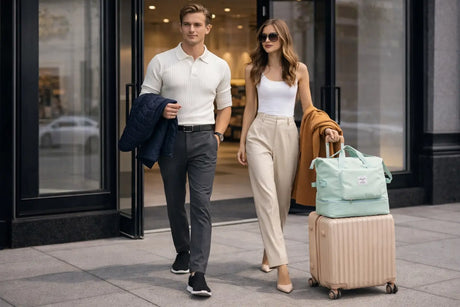 Paar mit Reisetasche und Koffer vor einem Geschäft