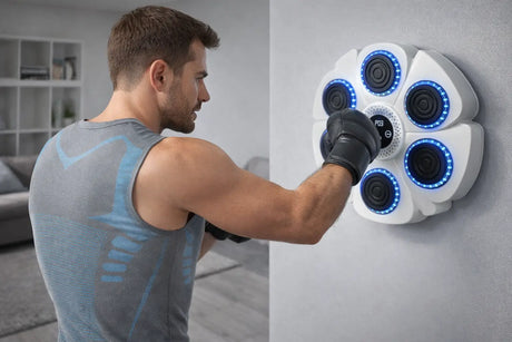 Mann boxt an einem weißen Musik-Boxtrainer an der Wand