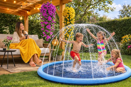 Kinder spielen im Garten an einer Wassersprühmatte, Frau auf der Terrasse