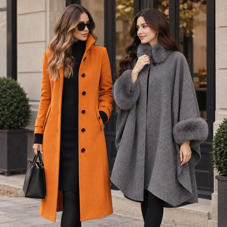 Oranger Veloura Mantel und grauer Furina Cape-Mantel für Damen