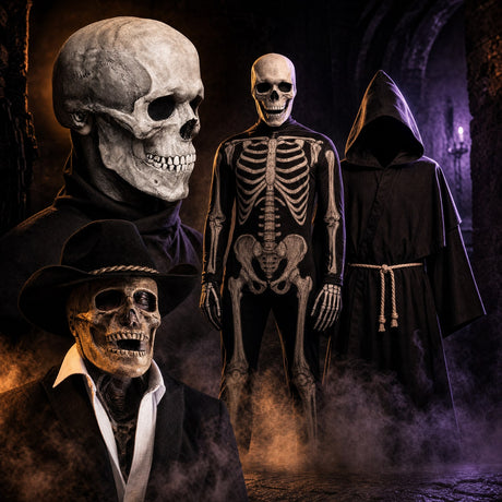 Halloween Kollektion: realistische Totenkopfmaske, Skelettanzug, Kapuzenumhang und Horror-Latexmaske im Nebel