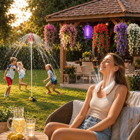 Frau mit Nackenventilator im Garten, Kinder an der Wassersprühmatte