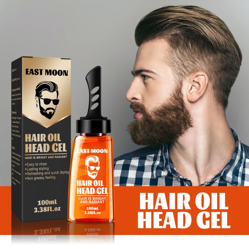 Ein Foto von einem Mann mit einer Flasche Hair Oil Head Gel