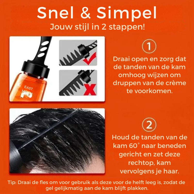 Foto, wie man das Haargel mit dem beiliegenden Kamm aufträgt.