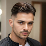 Foto von einem jungen Mann mit dunkelbraunen, kurzen Haaren an den Seiten und langen Haaren oben auf seinem Kopf, der das Haargel verwendet hat.