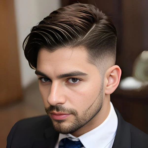 Foto von einem jungen Mann mit kurzem Haar an den Seiten und langem Haar oben auf dem Kopf, nach der Verwendung des Haargels