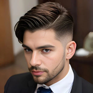 Foto von einem jungen Mann mit kurzem Haar an den Seiten und langem Haar oben auf dem Kopf, nach der Verwendung des Haargels