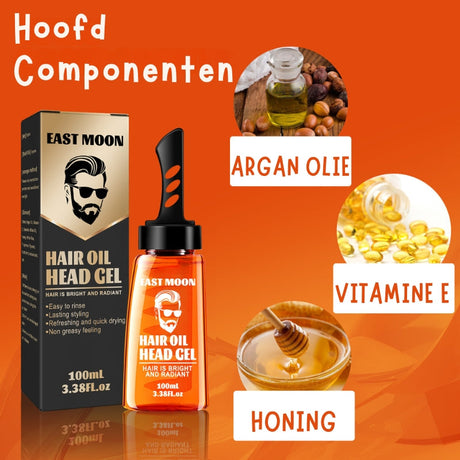 Foto von dem Hair Gel mit den Bildern der Zutaten, Arganöl, Vitamin E und Honig