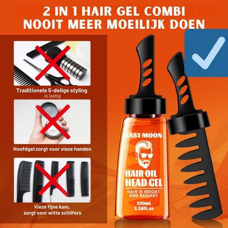 Foto von der Flasche Haar-Gel mit Kamm und daneben die Probleme, die du hast, wenn du kein Haar-Gel verwendest, wie schmutzige Hände und einen schmutzigen Kamm