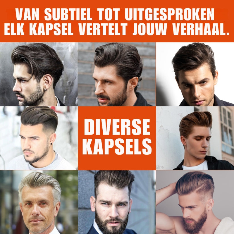 Foto von 8 Männern mit unterschiedlichen Frisuren nach der Verwendung des Haargels.