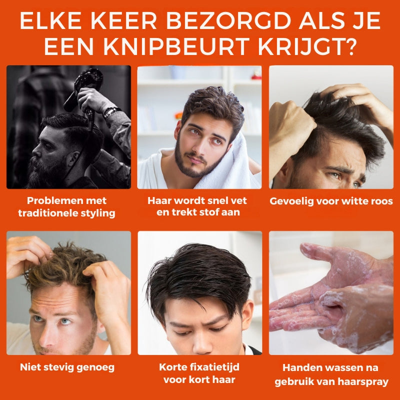 6 Fotos von Männern, die die Haargel verwenden möchten, weil sie Probleme mit ihrem Haar haben, wie Schuppen und Stylingprobleme.