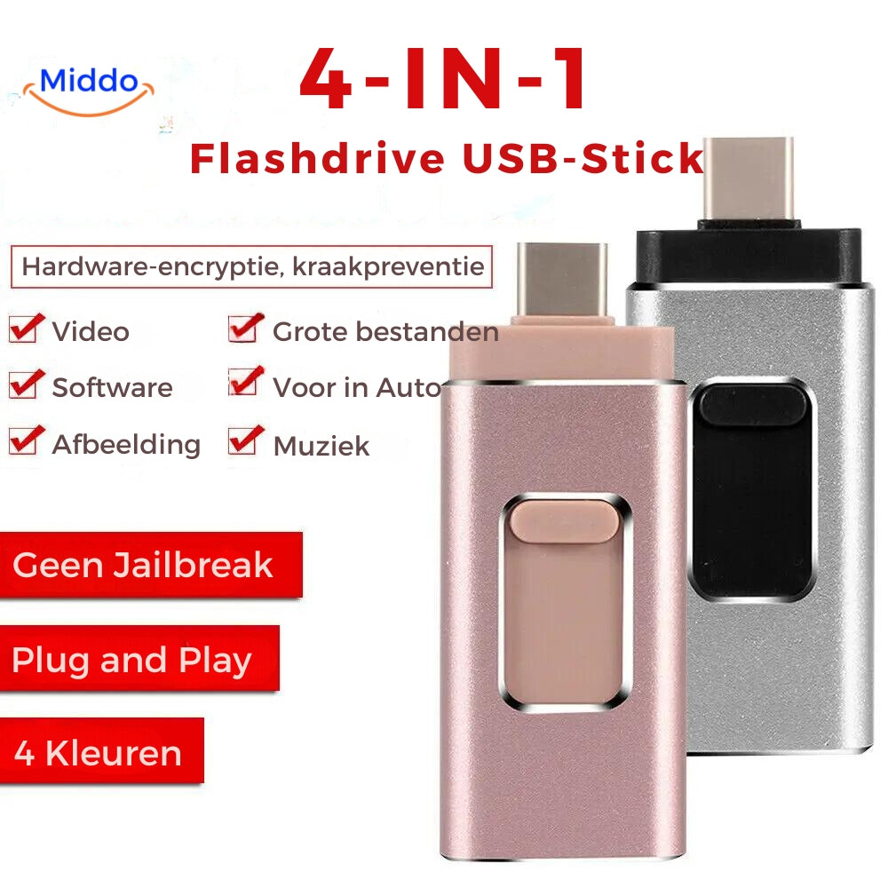 4-in-1 Flashdrive USB-Stick in Rosa und Silber.