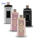 Vier 4-in-1 USB-Sticks in verschiedenen Farben für mobile Geräte