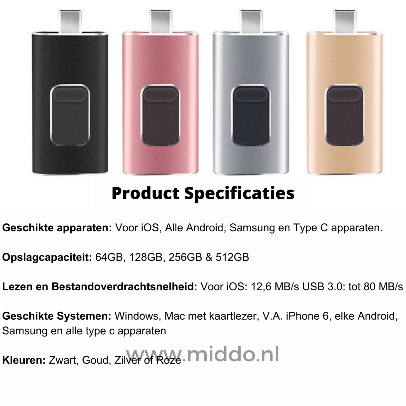 Verschiedene 4-in-1-Flashlaufwerke mit Produktspezifikationen und Speicherkapazitäten