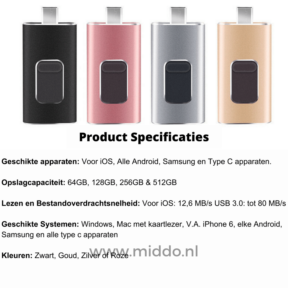 Verschiedene 4-in-1-Flashlaufwerke mit Produktspezifikationen und Speicherkapazitäten