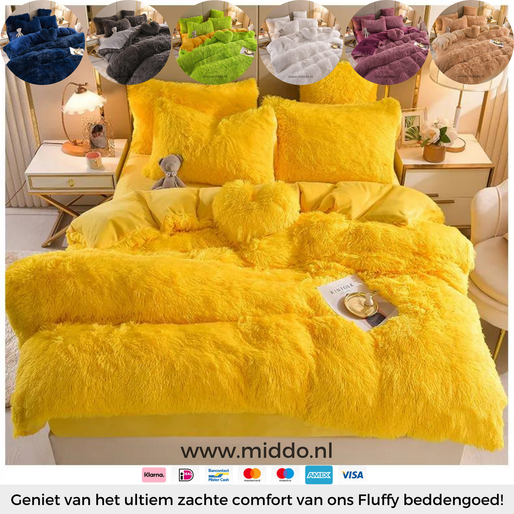 Foto von gelbem 5-teiligen flauschigem Fleece-Bettwäsche-Set mit 6 kleinen Bildern der anderen Farben.