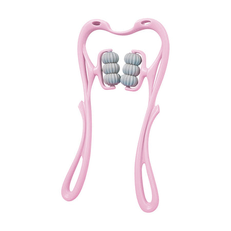 Foto von sechs Rad Nacken Druckpunkt Massager in der Farbe Rosa mit einem weißen Hintergrund.