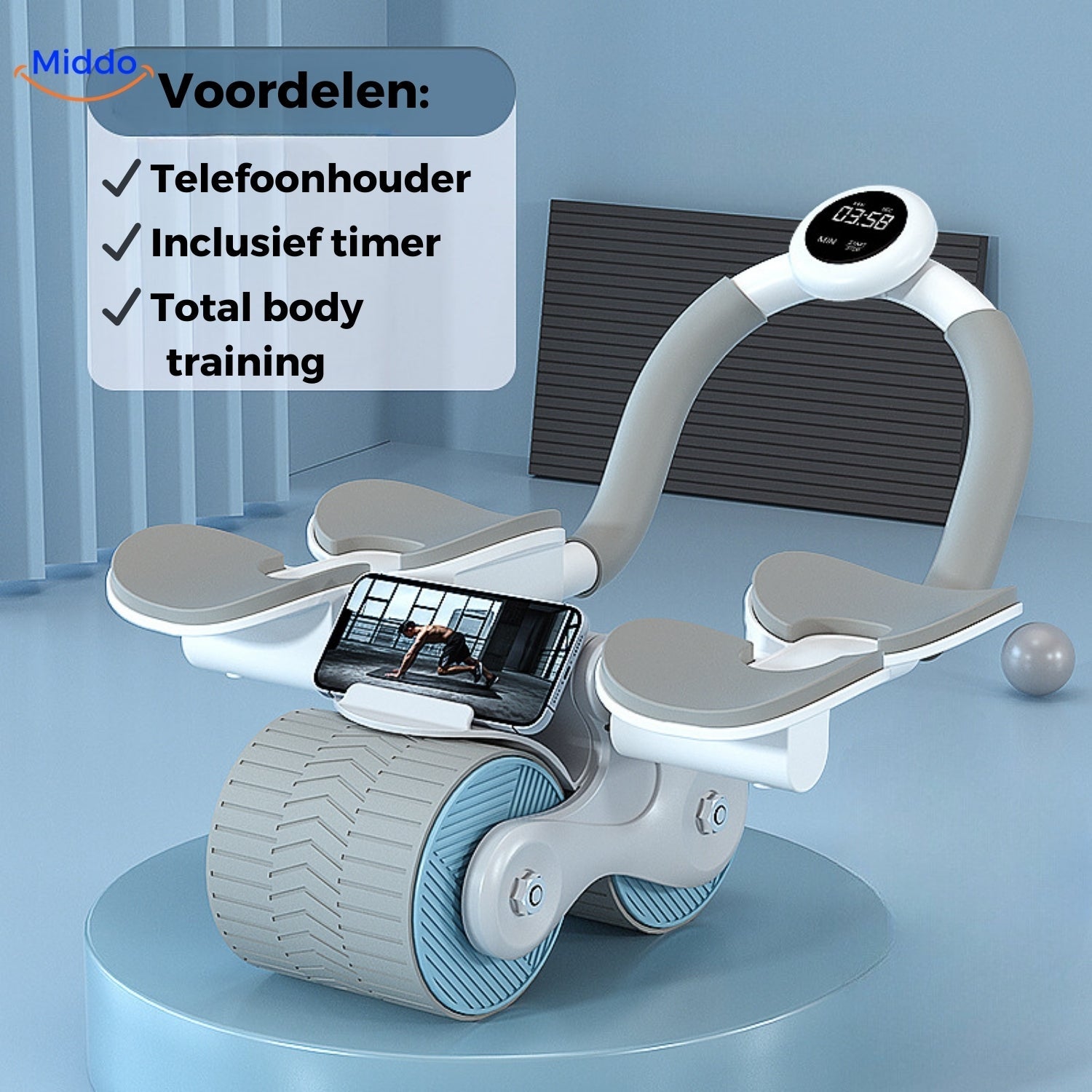 Grau-blauer Abwheel Pro Bauchmuskeltrainer mit Telefonhalter und Timer von Middo.de