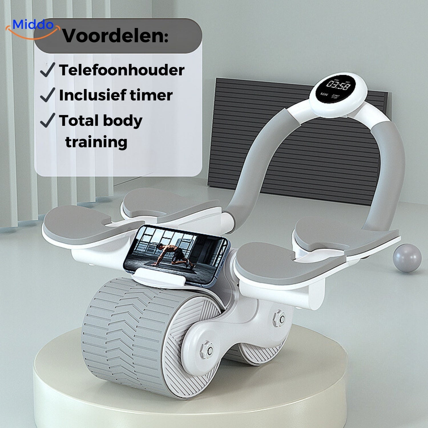 Graues Abwheel Pro Bauchtrainer mit Telefonhalter und Timer von Middo.nl