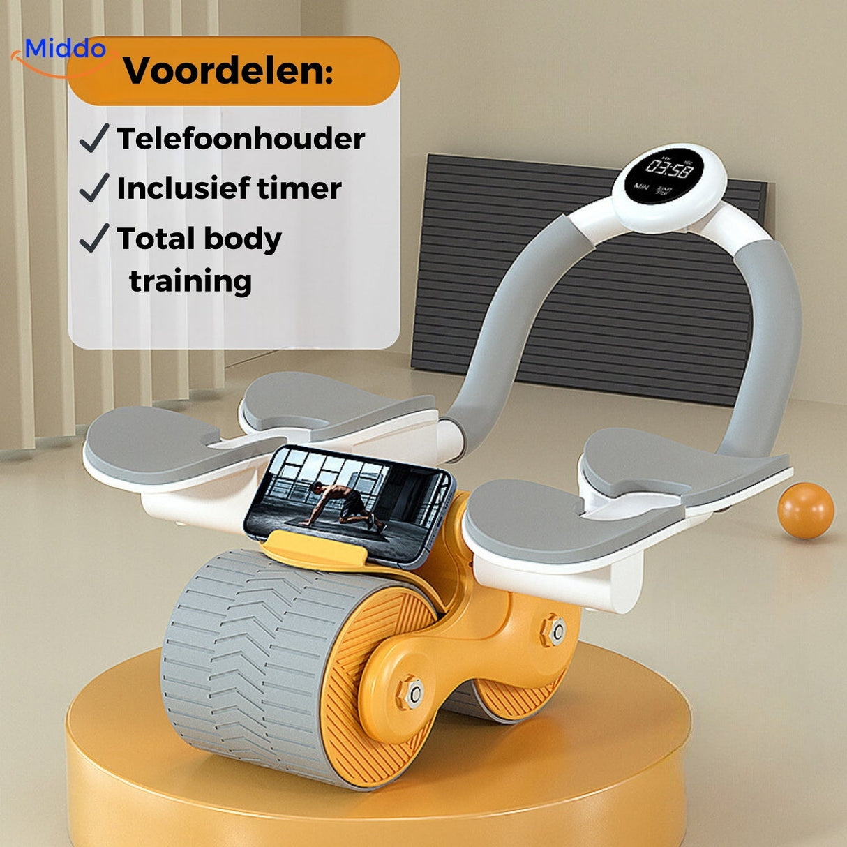 Oranges Abwheel pro Bauchmuskeltrainer mit Handyhalterung und Timer von