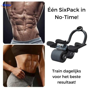 Detailaufnahme des schwarzen AbWheel Pro Bauchtrainer mit Handyhalterung und Timer