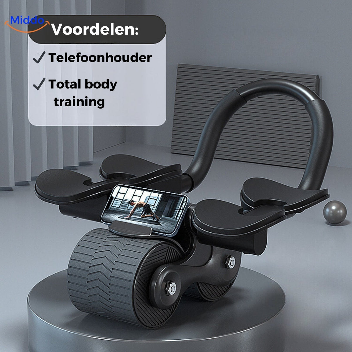 Schwarzes Ab Wheel Pro Bauchmuskeltrainer mit Telefonhalterung von