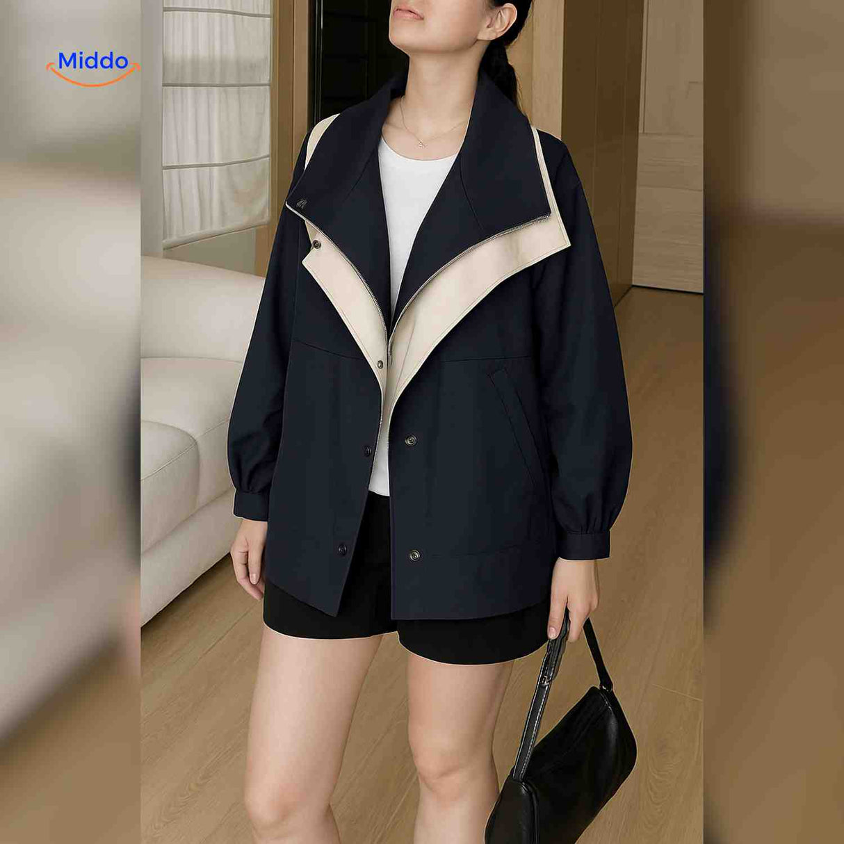 AquaShell Jacke in Schwarz mit Kontrastkragen – Lässige Damenjacke | www.middo.de