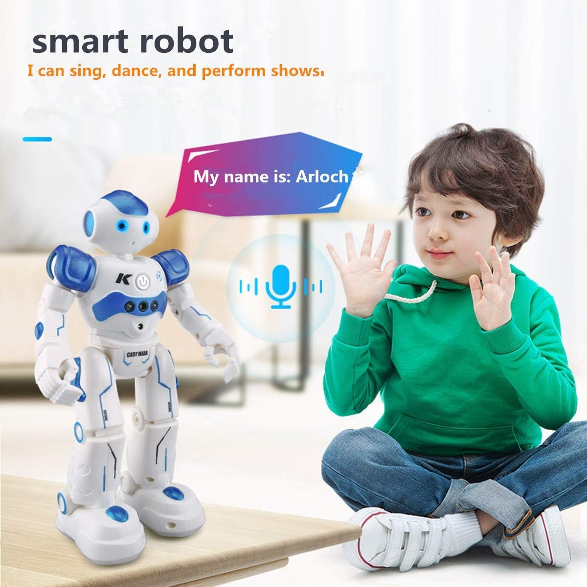 Weißer und blauer Arlock Kinderroboter mit leuchtenden LED-Augen, geeignet für Gestensteuerung und interaktive Aktivitäten wie Singen und Tanzen.