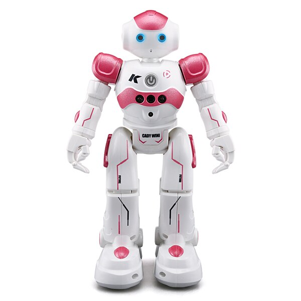 Bild des Arlock-Kinderroboters mit Funktionsbeschreibung: intellektuelle Programmierung, Gestensensor, Patrouille und Hindernisvermeidung, Singen und Tanzen sowie automatisches Display.