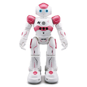 Bild des Arlock-Kinderroboters mit Funktionsbeschreibung: intellektuelle Programmierung, Gestensensor, Patrouille und Hindernisvermeidung, Singen und Tanzen sowie automatisches Display