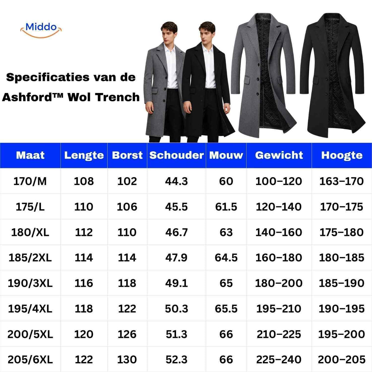 Größentabelle für die Ashford™ Peaky Blinders Herrenjacke in Schwarz und Grau